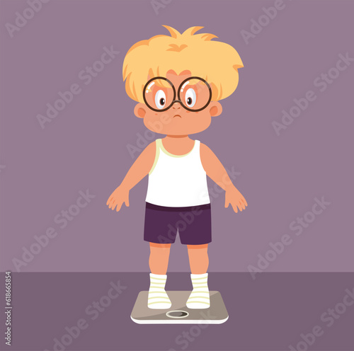 Boy Suffering from Obesity Weighing Himself on s Scale Vector Illustration. Child feeling sad about his overweight health problems 
