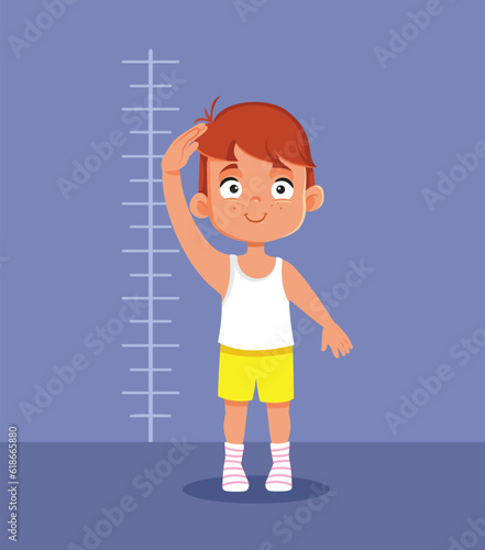 Boy Growing Taller and Taller Health Concept Vector Illustration. Little child measuring his own height during medical examination
