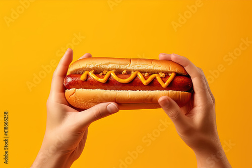 Hand holding tasty hot dog on a yellow background