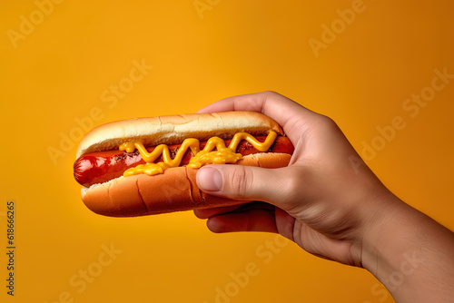 Hand holding tasty hot dog on a yellow background