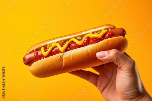 Murais de parede Hand holding tasty hot dog on a yellow background