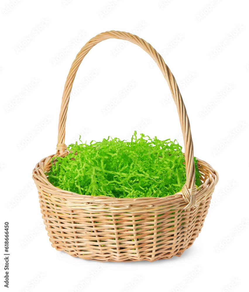Easter wicker basket with decorated grass isolated on white Easter wicker basket with decorated grass isolated on white