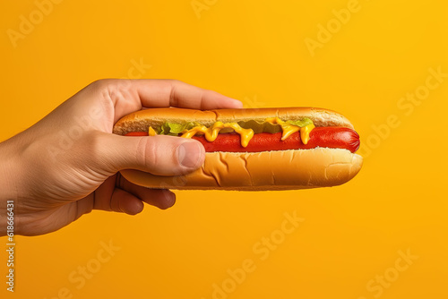 Hand holding tasty hot dog on a yellow background