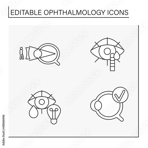 Ophthalmology line icons set. Medical specialty dealing with function and diseases of eyes. Medicine concepts. Isolated vector illustrations. Editable stroke