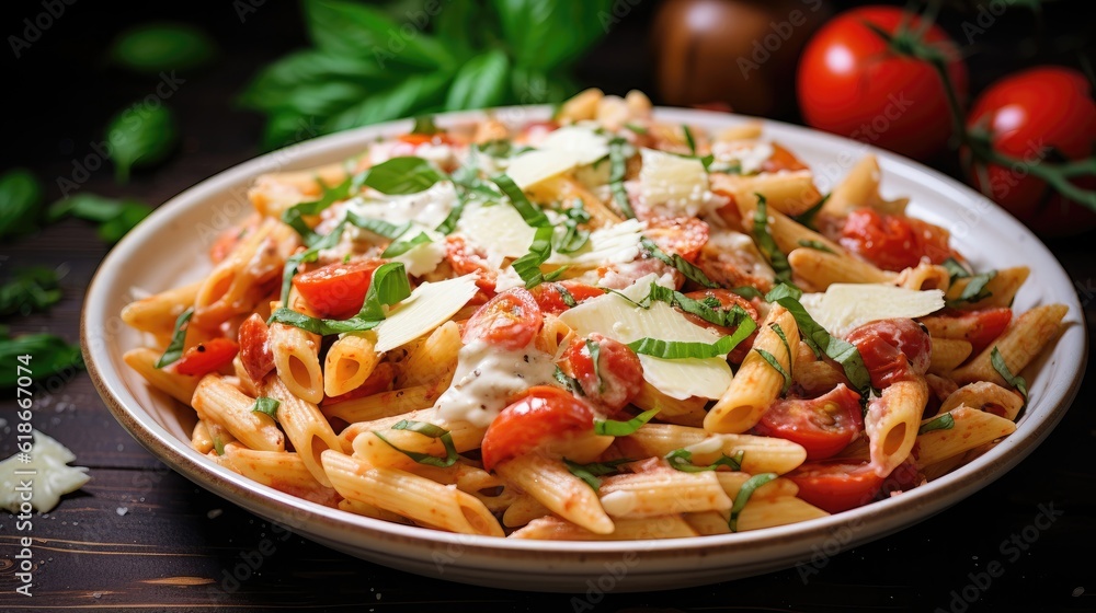 Creamy pasta casserole with tomatoes and mozzarella cheese Creamy pasta casserole with tomatoes and mozzarella cheese
