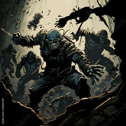 group of ninja gorillas ambushing from above destroying group of snakes epic battle epic scene comic book style art dark gritty noir macabre upshot dynamic shot action shot ultra detailed 