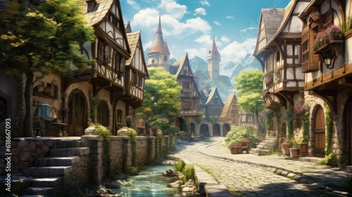 Illustration of a charming European village