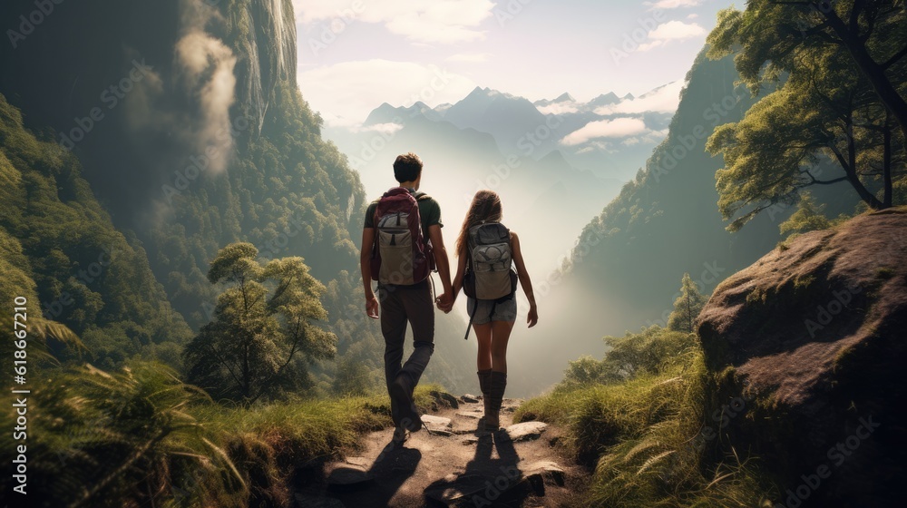 young couple hiking through the nature - people photography