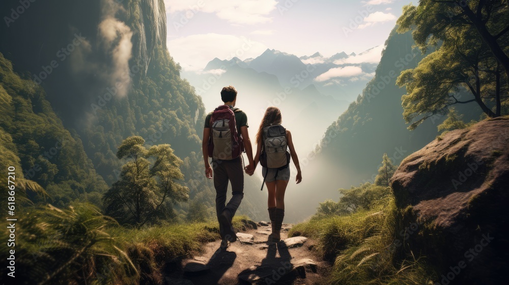 Fototapeta premium young couple hiking through the nature - people photography