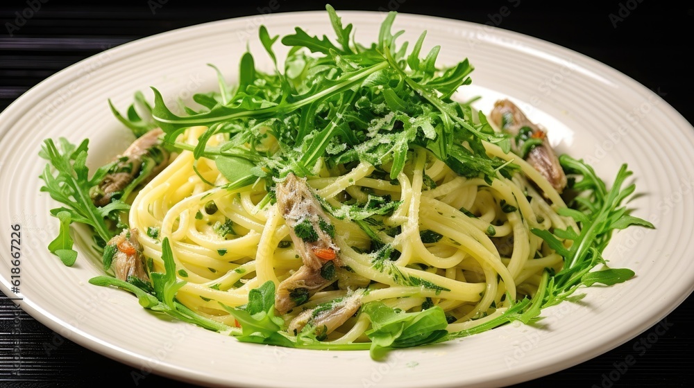 Spaghetti in sardines, garlic, sauce with arugula Spaghetti in sardines, garlic, sauce with arugula