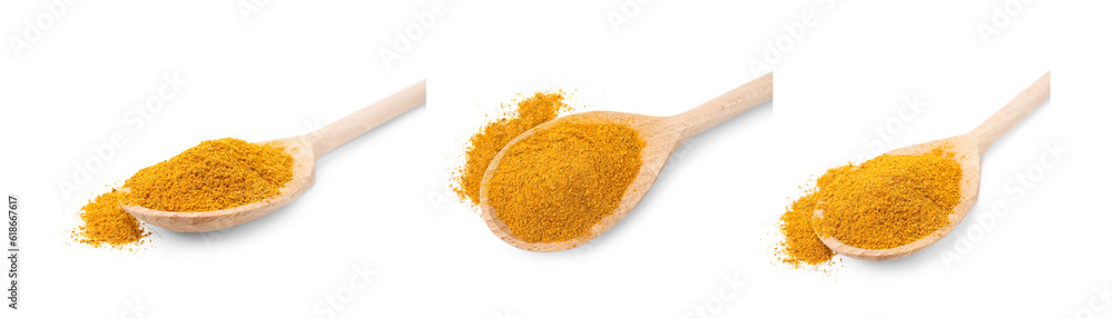 Collage with curry powder in wooden spoon isolated on white, different sides Collage with curry powder in wooden spoon isolated on white, different sides