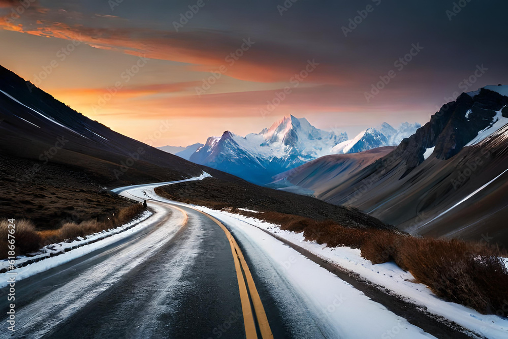 Road between beautiful hills, mountains, snow and desert, Created with AI tool