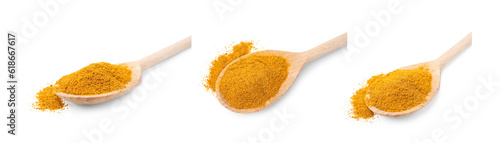 Collage with curry powder in wooden spoon isolated on white, different sides