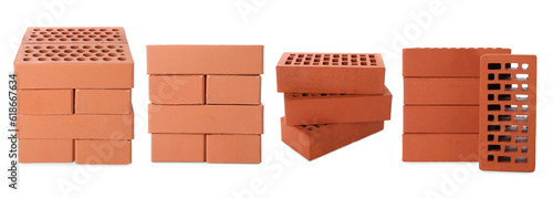 Set of stacked red bricks on white background