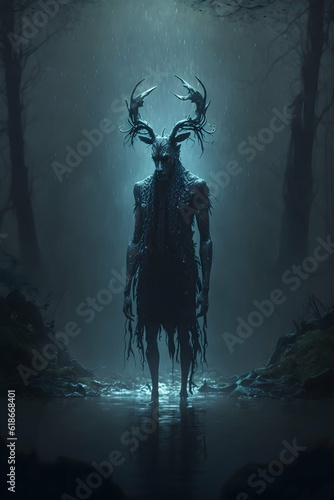 a wendigo in a misty forest rain falling water pooling on the ground GOD mystical dramatic dark high quality high detail full body shot 4k  © Silas