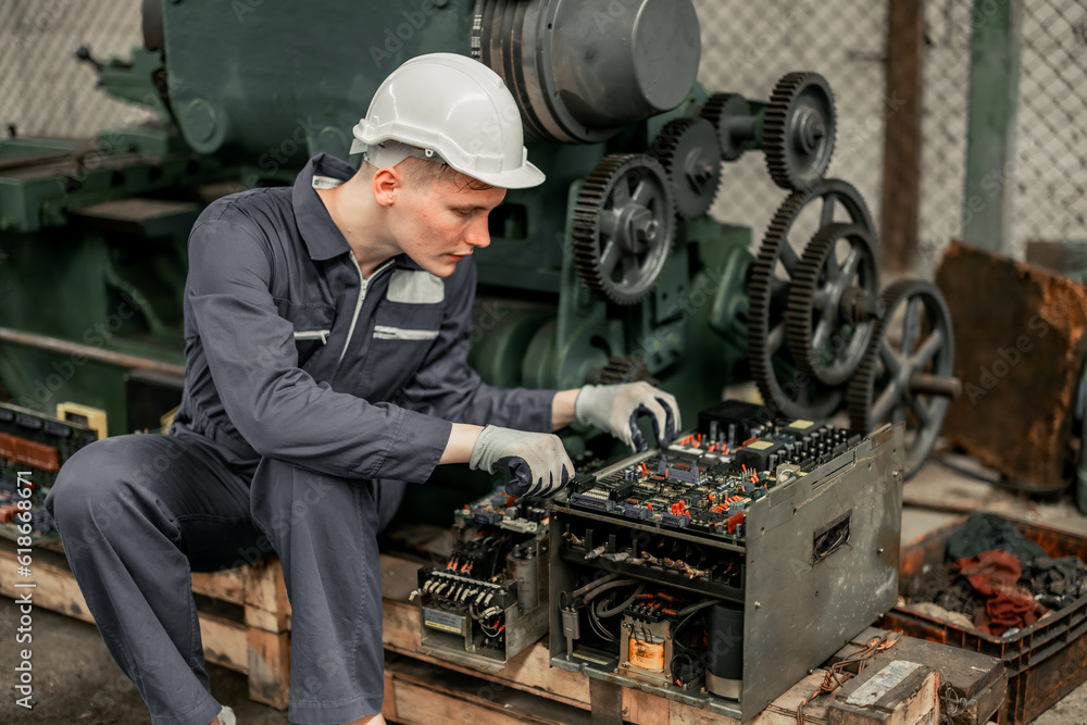 Engineering technicians inspect and assess the reliability of printed circuit assembly boards in manufacturing machine. Identifying errors, impaired, wear then record and report issues to supervisors