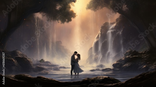 romantic scene of a couple at a waterfall - people photography