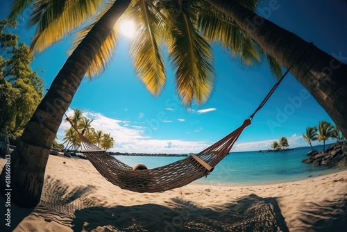 Relax Tropical Paradise. Woman lying in a hammock surrounded by palm trees, with a paradisiacal beach in the background. Relaxation and paradise getaway concept. AI Generative