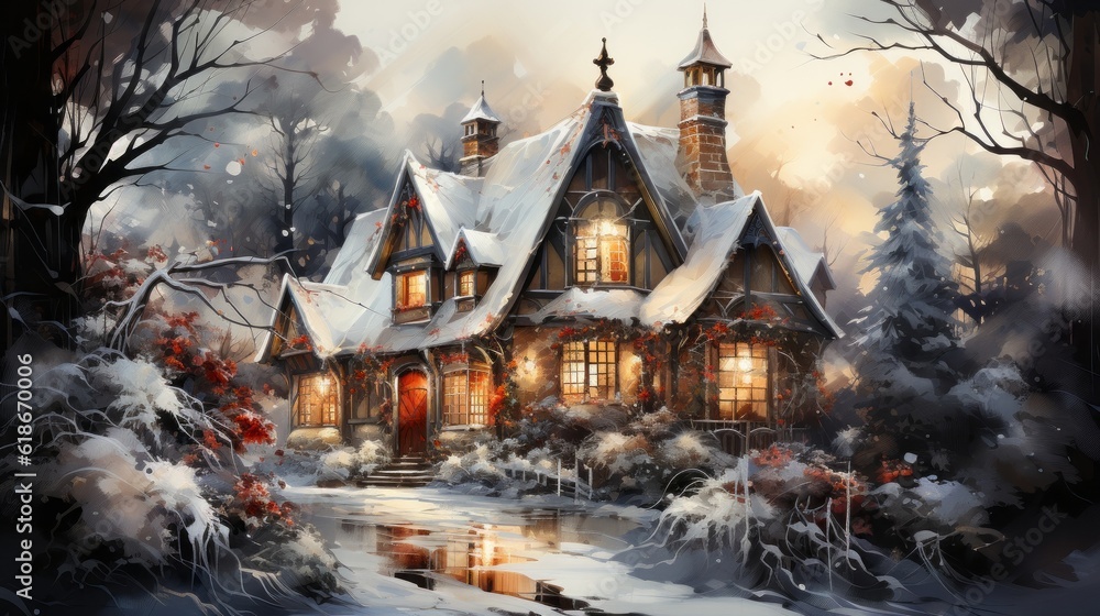 Fototapeta premium A cute winter village decorated for Christmas. Generative AI. 