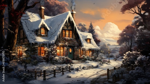 A cute winter village decorated for Christmas. Generative AI. 