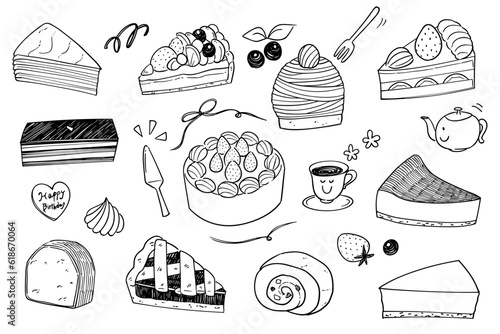 Hand-drawn rough line cakes of all kinds set
