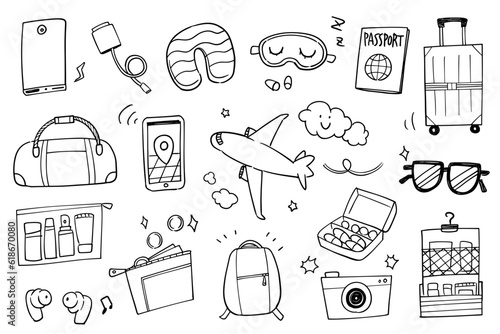 Hand-drawn rough line travel motif set
