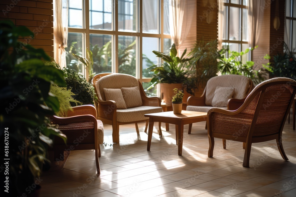 Sunlit Conservatory Lounge with Rattan Chairs and Lush Greenery Sunlit Conservatory Lounge with Rattan Chairs and Lush Greenery