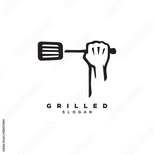 Creative grill spatula logo design. Raised hand holding spatula logo for your brand or business