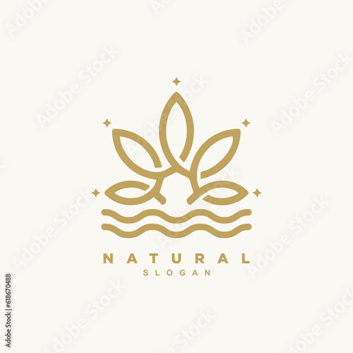 Vintage flower as sun with water wave logo design for your brand or business
