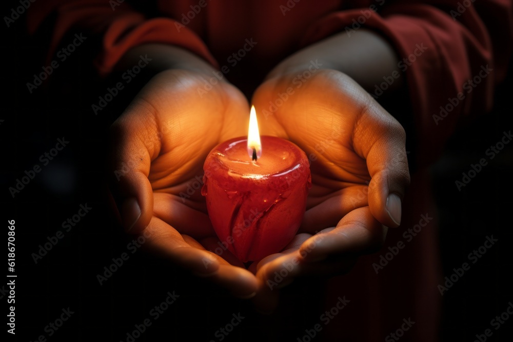 Burning candle in female hands with selective focus. AI generated, human enhanced Burning candle in female hands with selective focus. AI generated, human enhanced