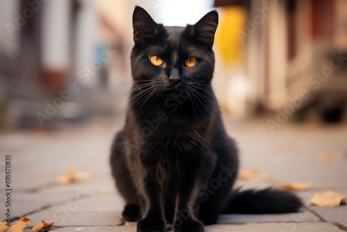 Black cat on the city street during the day. The concept of superstition. AI generated, human enhanced