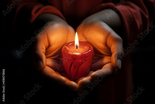 Burning candle in female hands with selective focus. AI generated, human enhanced