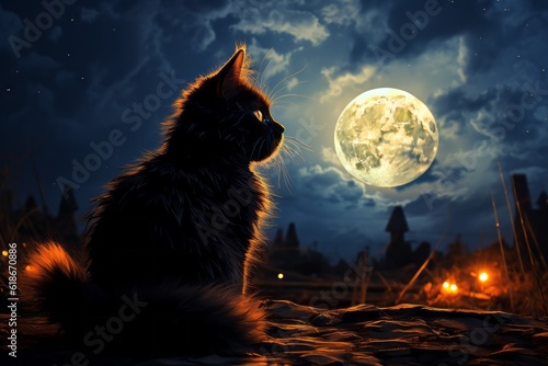 Black cat on the background of the moon in the style of drawing or illustration as symbol of superstition. AI generated