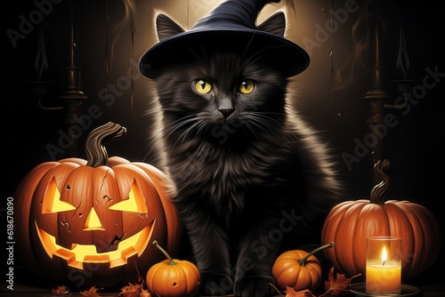 Black cat as a symbol of superstition and pumpkin. Halloween concept. AI generated, human enhanced