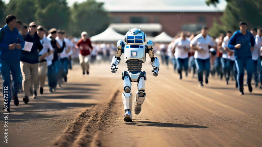 Fototapeta premium Generative AI image of robot man running.