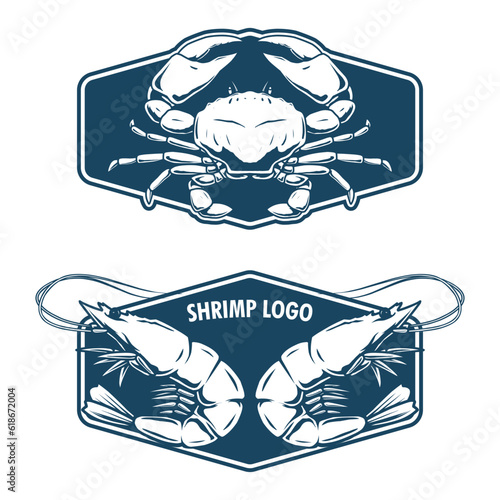 seafood badge design with shrimp and crab drawing