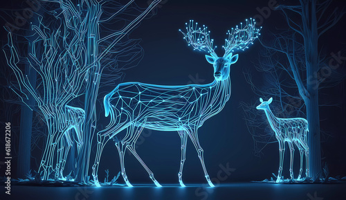The deer glows on a blue background. Christmas. neon. Deer with a small deer cub, neon. Banner. Wallpaper. created by AI © Olena Dziuba