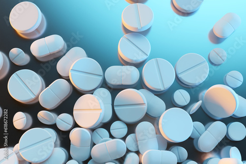 White pills. Background wit...
