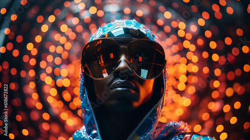 Neon Echoes: Afrofuturism-Inspired Man Embracing Techpunk Aesthetic photo