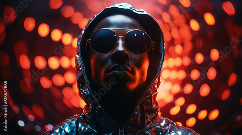 Neon Echoes: Afrofuturism-Inspired Man Embracing Techpunk Aesthetic photo