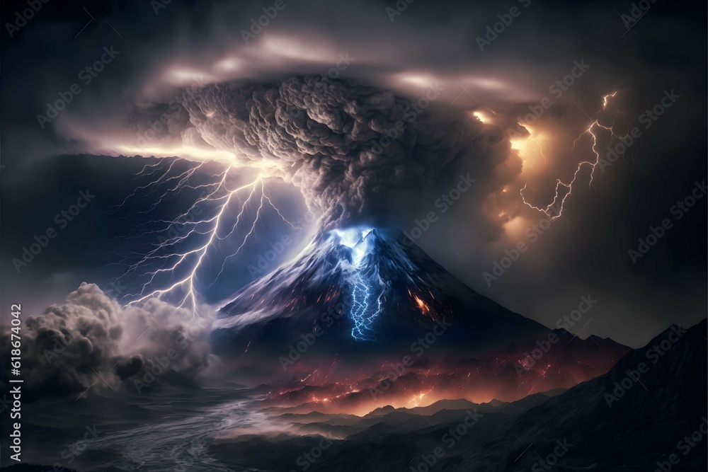 skyline view of a a hurricane and a snow covered volcano in a mountain erupting a pyroblast into the hurricane several lightning bolts touching down through the hurricane Double exposure magnetic 