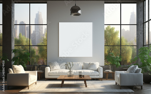 living room. Sunlight pours in through the big glass window in the afternoon, illuminating the room. A white photo frame of substantial size adorns the white sofa.  Generative AI © omune