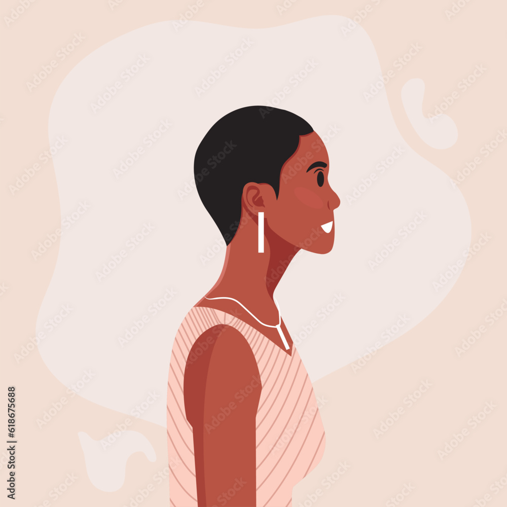 Young beautiful African American woman profile portrait. Female person with brown skin and curly hair. Vector illustration