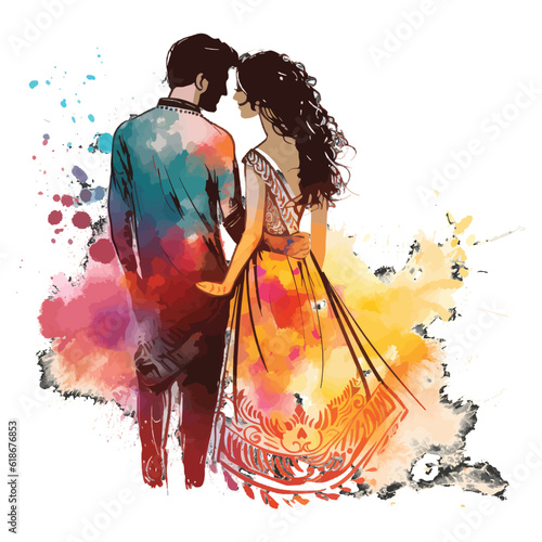 a couple in a wedding gown with colored background, in the style of colorful watercolors
