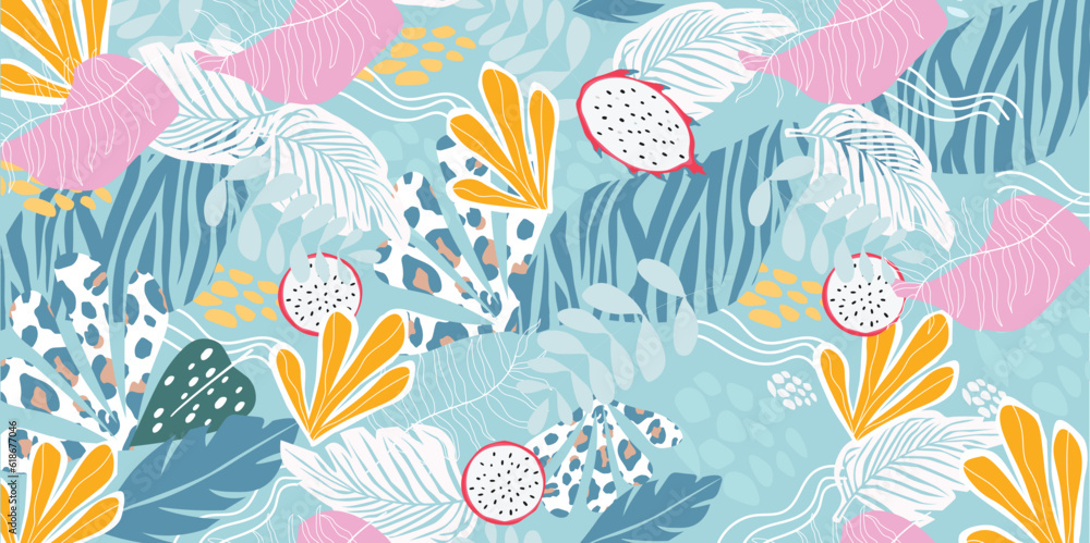 Modern colorful tropical floral pattern. Cute botanical abstract contemporary seamless pattern.