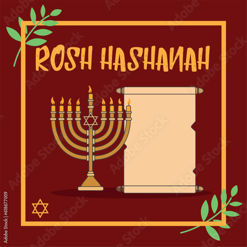 Rosh hashanah poster with candlestick and empty scroll Low poly style Vector