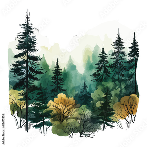 an illustration of the forest with trees and water