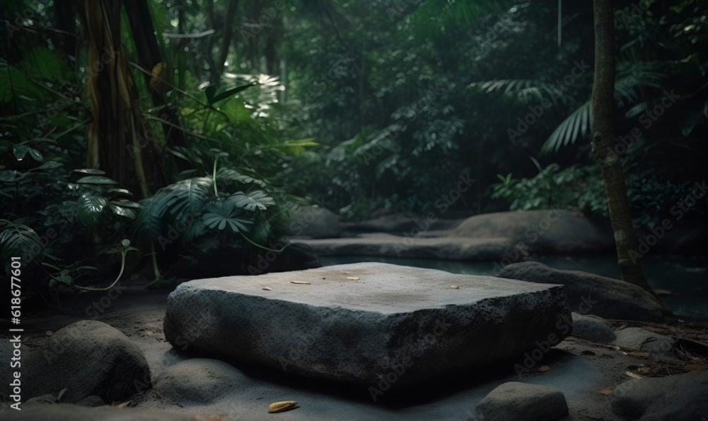 Stone podium in the tropical forest for product presentation with stunning nature background. Stone podium in the tropical forest for product presentation with stunning nature background.