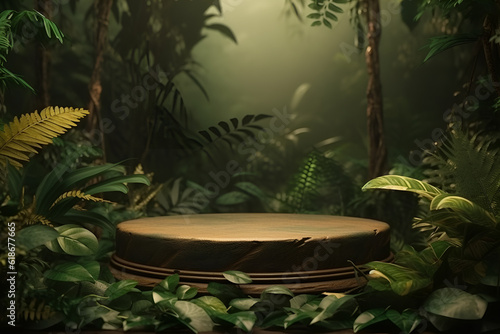 Stone product display podium with Tropical forest-themed background.