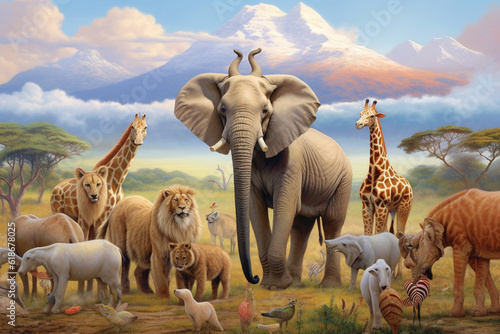 a group of African animals in the zoo cute, 3d rendering, AI generative 